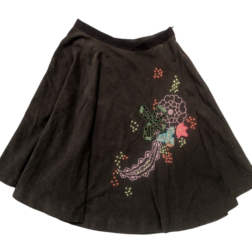 Free People Y2K Chocolate Brown Corduroy Embroidered Circle Skirt SZ 2 Boho Chic